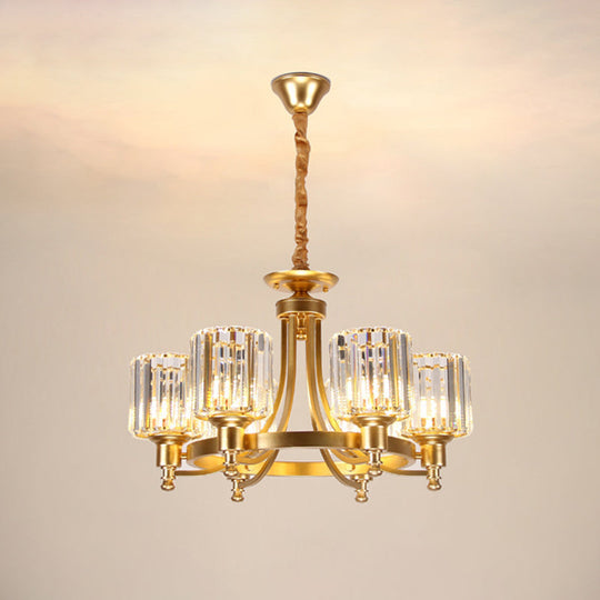 Contemporary 3/6-Bulb Metal Round Chandelier With Drum Crystal Prisms Shade - Gold Ceiling Pendant