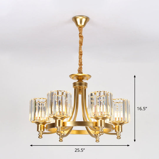 Contemporary Metal Round Chandelier - Gold Ceiling Pendant Light with Drum Crystal Prisms Shade (3/6-Bulb)