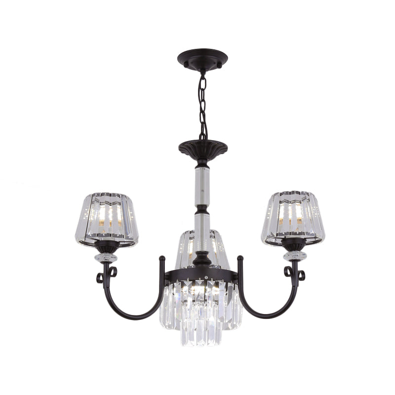 Modern Conical Crystal Prisms Pendant Chandelier With Curved Arm 3/6 Black Heads Ceiling Drop Design