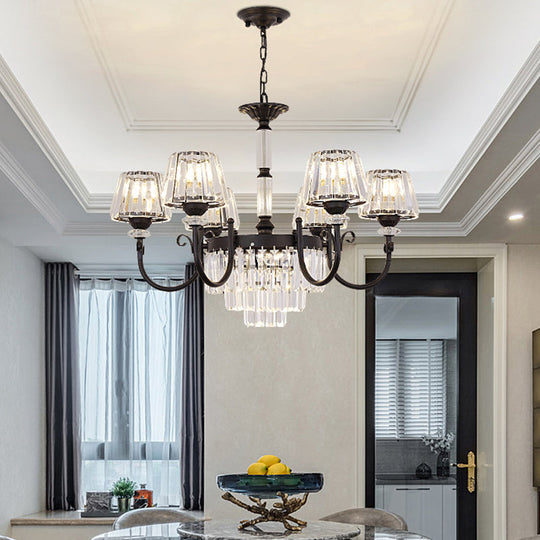 Modern Conical Crystal Prisms Pendant Chandelier With Curved Arm 3/6 Black Heads Ceiling Drop Design