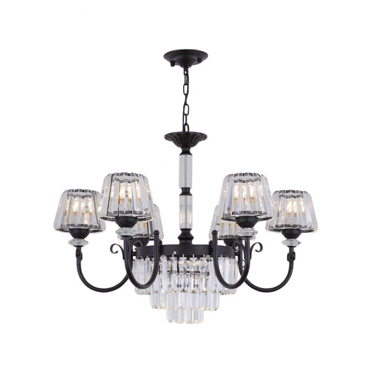 Modern Conical Crystal Prisms Pendant Chandelier With Curved Arm 3/6 Black Heads Ceiling Drop Design