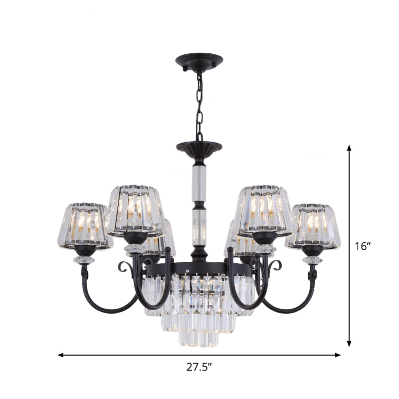 Modern Conical Crystal Prisms Pendant Chandelier With Curved Arm 3/6 Black Heads Ceiling Drop Design