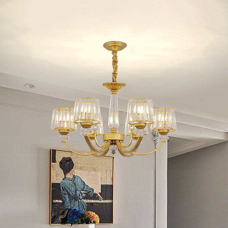 Modern Gold Crystal Block Chandelier - Barrel Design with 3/6 Lights - Dining Room Lighting