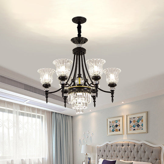 Modern 6/8 Bulbs Chandelier Black Flower Suspension Lamp with Crystal Shade