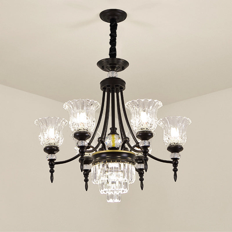 Modern 6/8 Bulbs Chandelier Black Flower Suspension Lamp with Crystal Shade