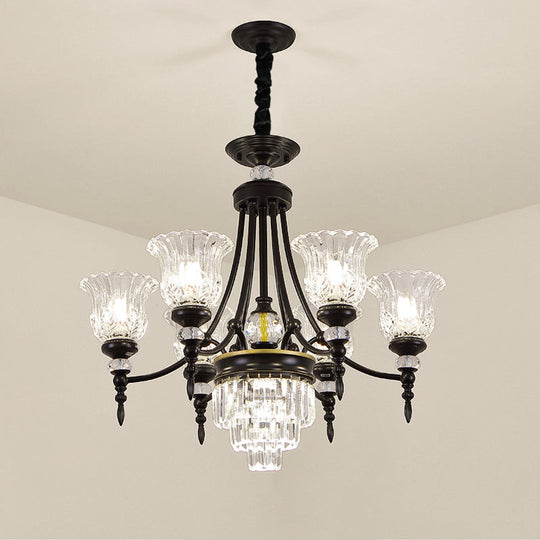 Modern 6/8 Bulbs Chandelier Black Flower Suspension Lamp with Crystal Shade