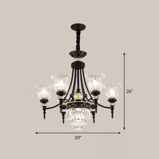 Modern 6/8 Bulbs Chandelier Black Flower Suspension Lamp with Crystal Shade