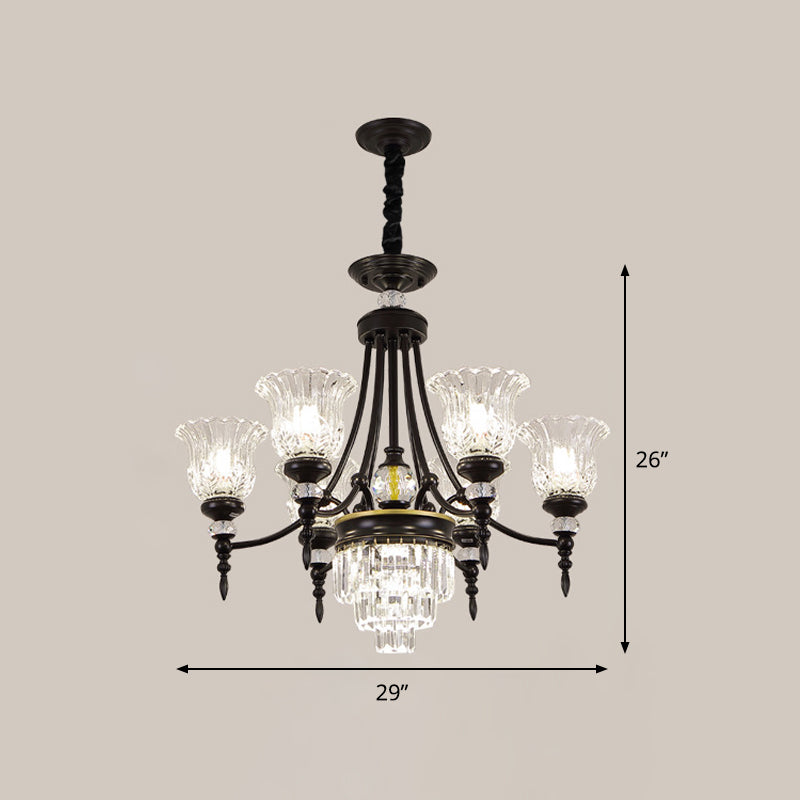 Modernism Chandelier Light: Black Flower Suspension Lamp With Beveled Crystal Shade 6/8 Bulbs