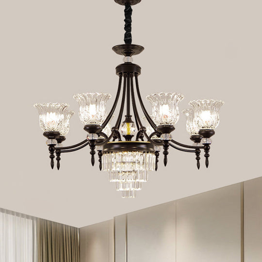 Modern 6/8 Bulbs Chandelier Black Flower Suspension Lamp with Crystal Shade