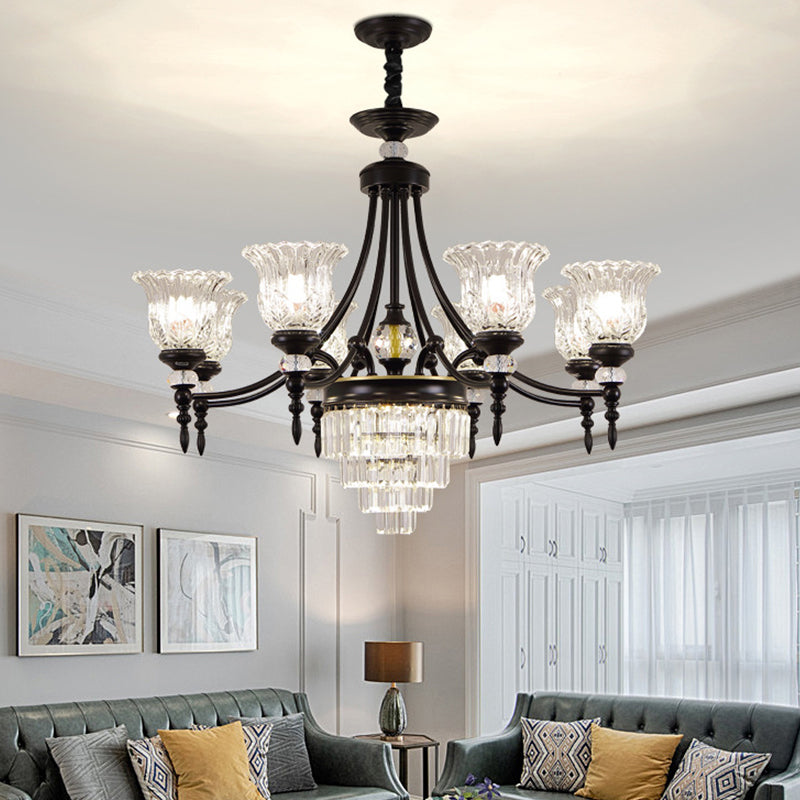 Modern 6/8 Bulbs Chandelier Black Flower Suspension Lamp with Crystal Shade