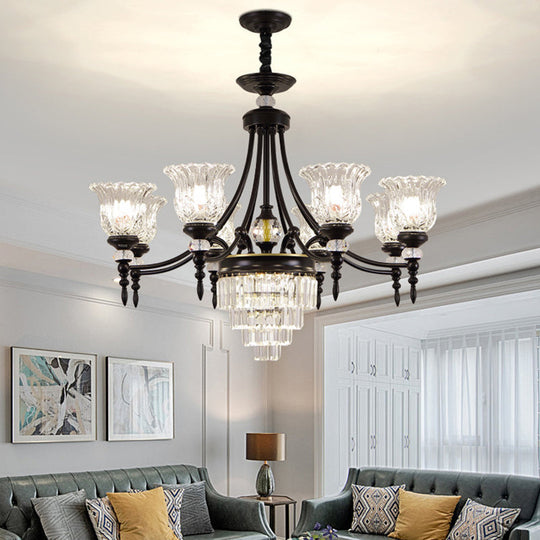 Modern 6/8 Bulbs Chandelier Black Flower Suspension Lamp with Crystal Shade