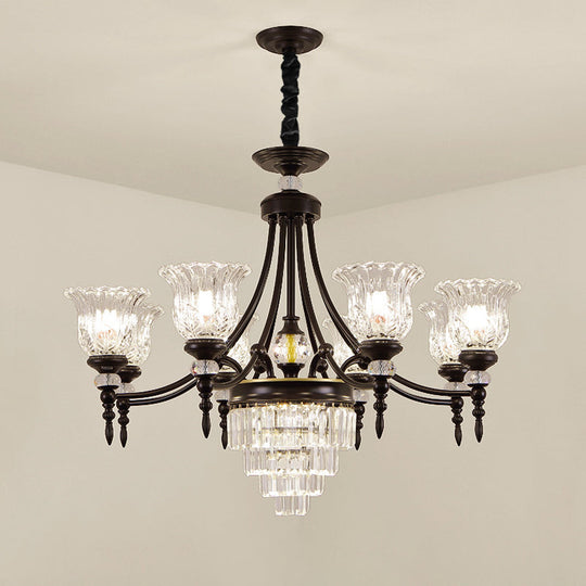 Modern 6/8 Bulbs Chandelier Black Flower Suspension Lamp with Crystal Shade