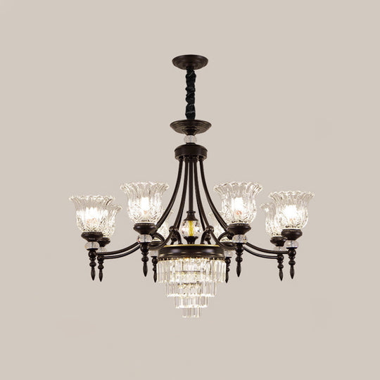 Modernism Chandelier Light: Black Flower Suspension Lamp With Beveled Crystal Shade 6/8 Bulbs