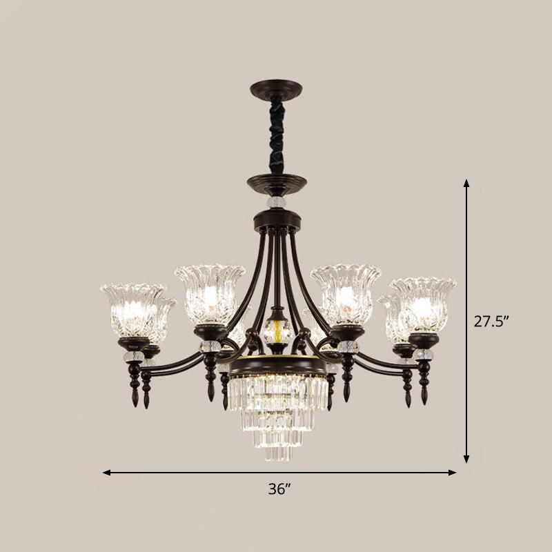 Modernism Chandelier Light: Black Flower Suspension Lamp With Beveled Crystal Shade 6/8 Bulbs