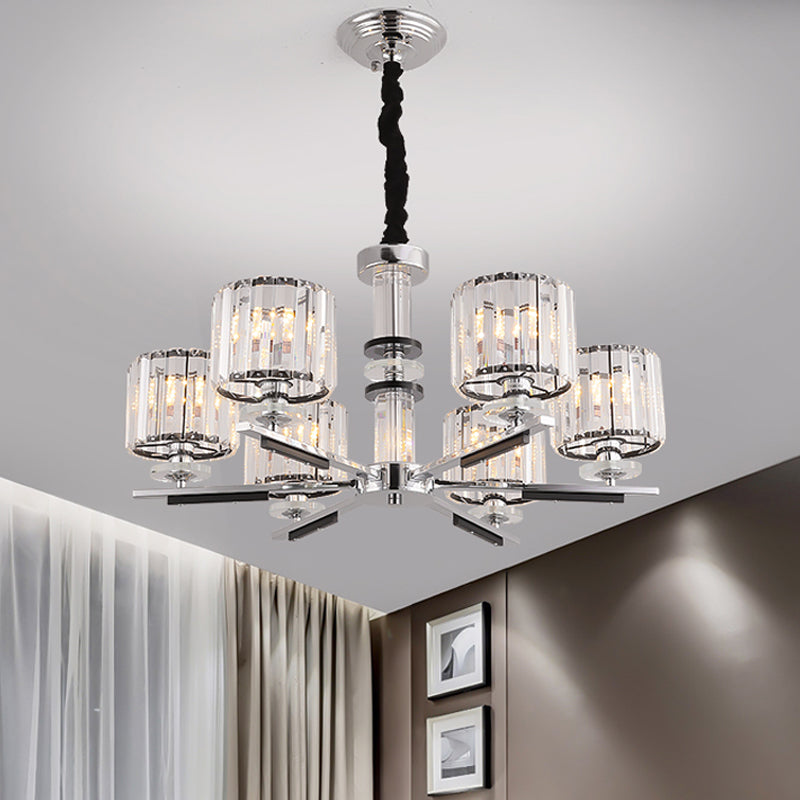 Modern Crystal Block Drum Pendant Chandelier - Black 3/6-Head Ceiling Light with Stylish Radial Design