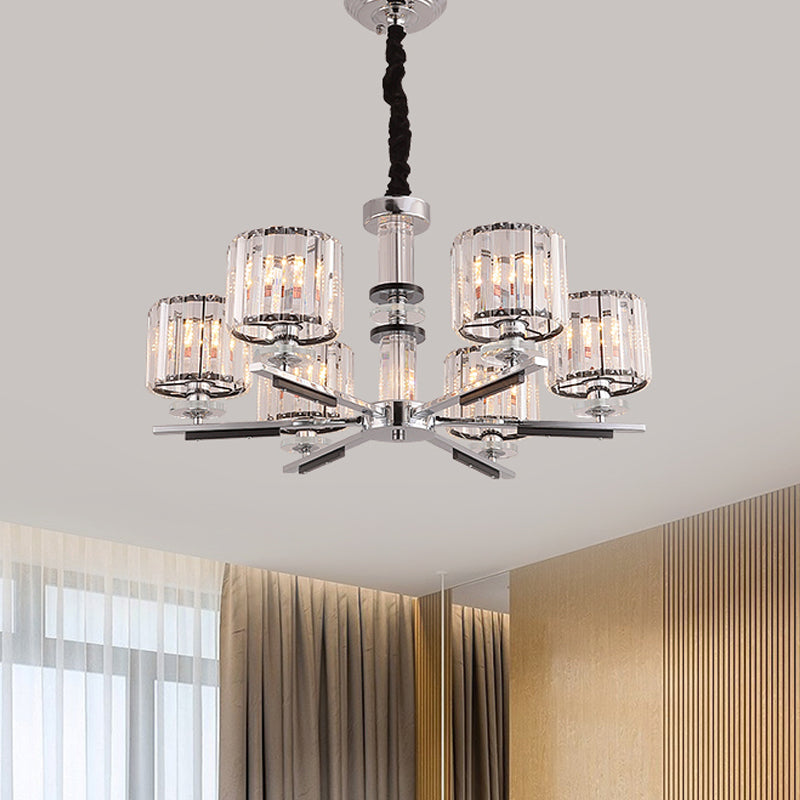 Modern Crystal Block Drum Pendant Chandelier - Black 3/6-Head Ceiling Light with Stylish Radial Design