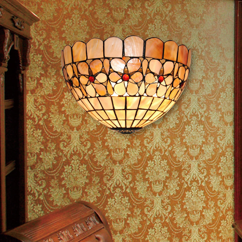 Tiffany Shell Wall Mount Light: Light Floral Sconce In Beige For Staircase