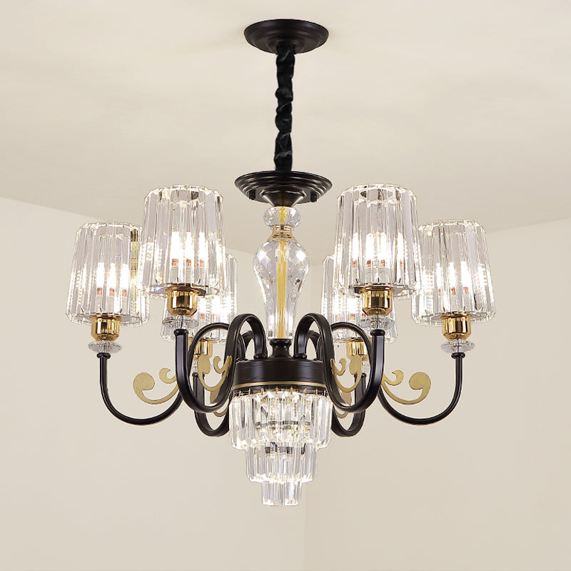 Black Tapered Ceiling Lamp | Simplicity Crystal Chandelier Lighting Fixture 6/8 Lights Scroll Arm