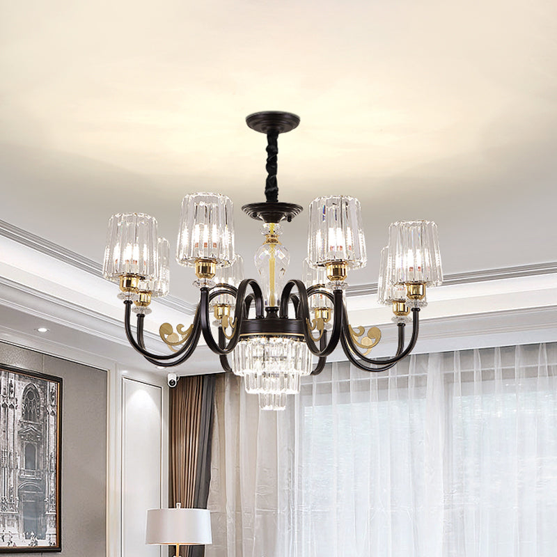 Black Tapered Ceiling Lamp | Simplicity Crystal Chandelier Lighting Fixture 6/8 Lights Scroll Arm