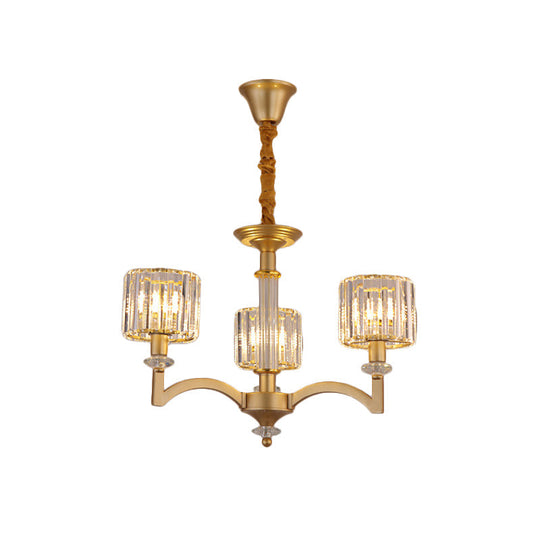 Modern Drum Crystal Ceiling Chandelier - 3/8 Gold Heads Suspended Lighting Fixture For Parlor