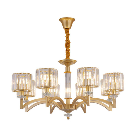 Modern Drum Crystal Ceiling Chandelier - 3/8 Gold Heads Suspended Lighting Fixture For Parlor