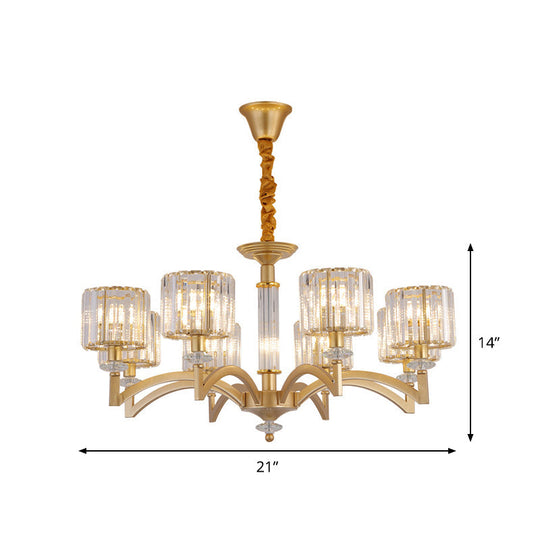 Modern Drum Crystal Ceiling Chandelier - 3/8 Gold Heads Suspended Lighting Fixture For Parlor