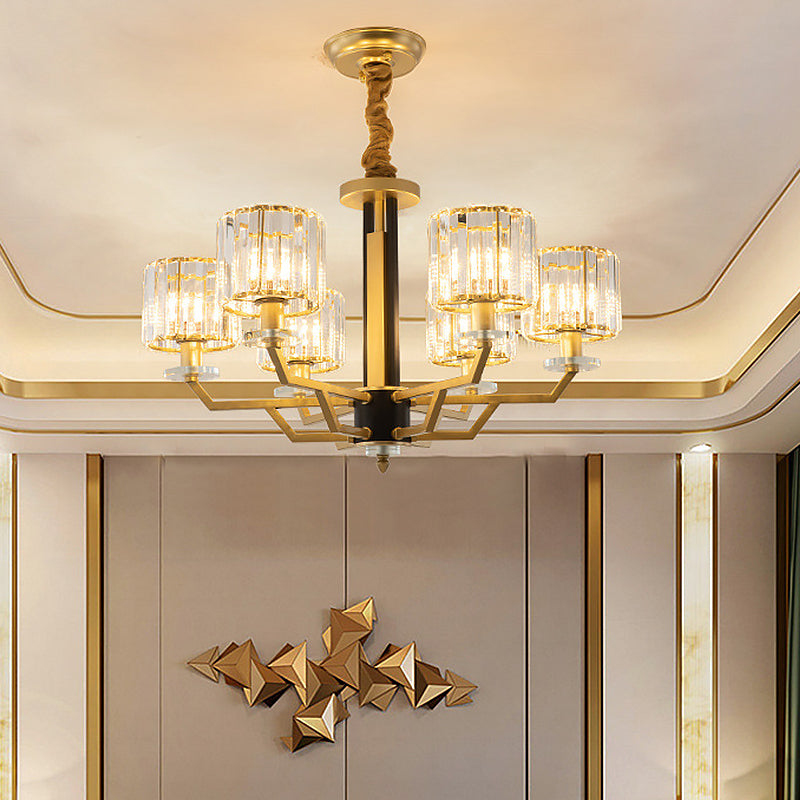 Gold Modernist Chandelier With Hand-Cut Crystal Cylindrical Pendant Lights - 3/6 For Bedrooms