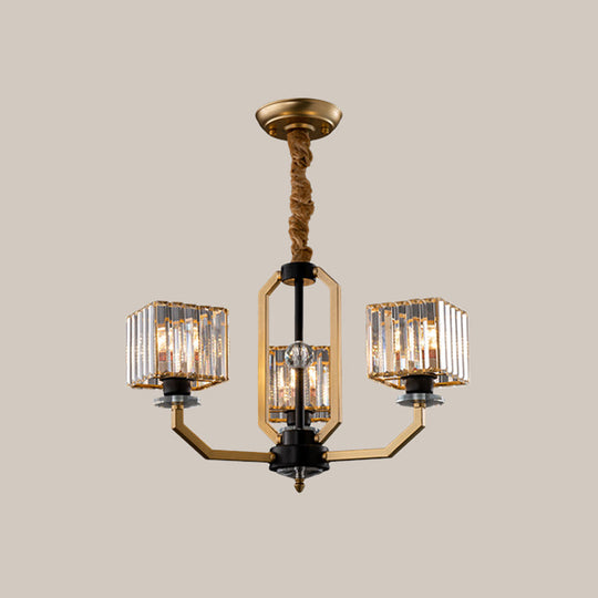 Contemporary Gold Chandelier Light - 3/6 Bulbs Dining Room Ceiling Lamp With Stylish Crystal Block