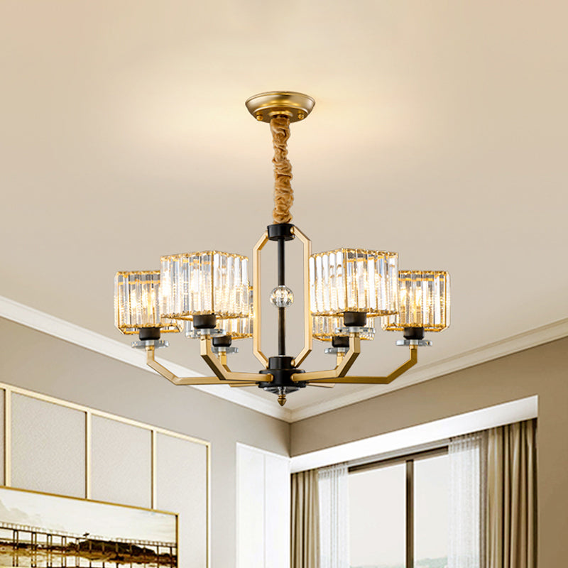 Contemporary Gold Chandelier Light - 3/6 Bulbs Dining Room Ceiling Lamp With Stylish Crystal Block