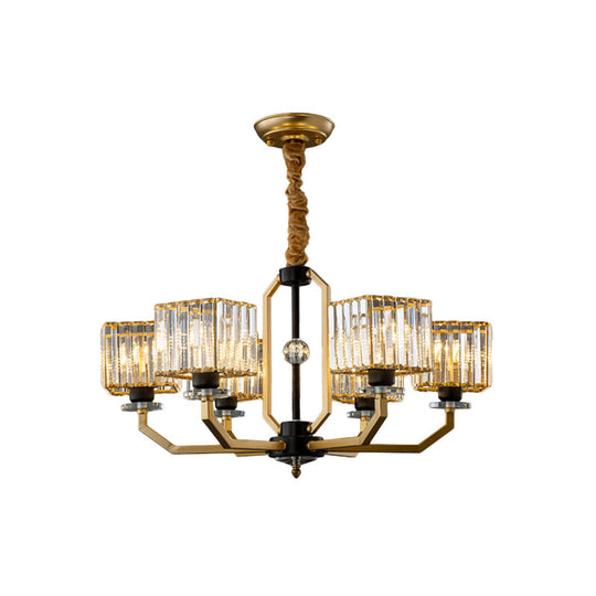 Contemporary Gold Chandelier Light - 3/6 Bulbs Dining Room Ceiling Lamp With Stylish Crystal Block