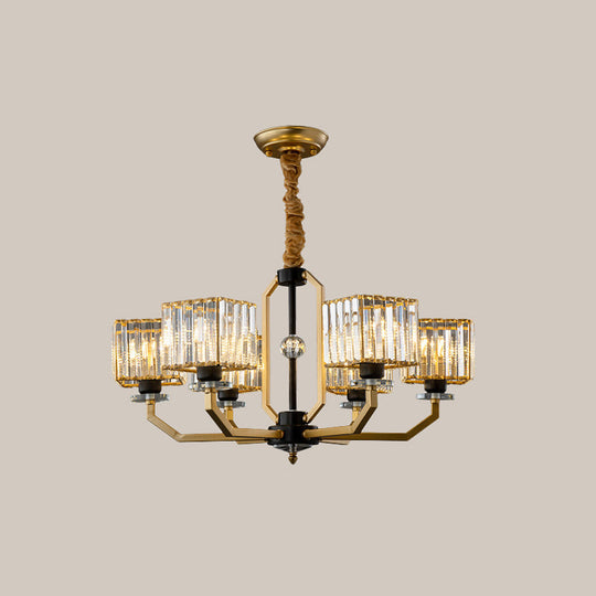 Contemporary Gold Chandelier Light - 3/6 Bulbs Dining Room Ceiling Lamp With Stylish Crystal Block