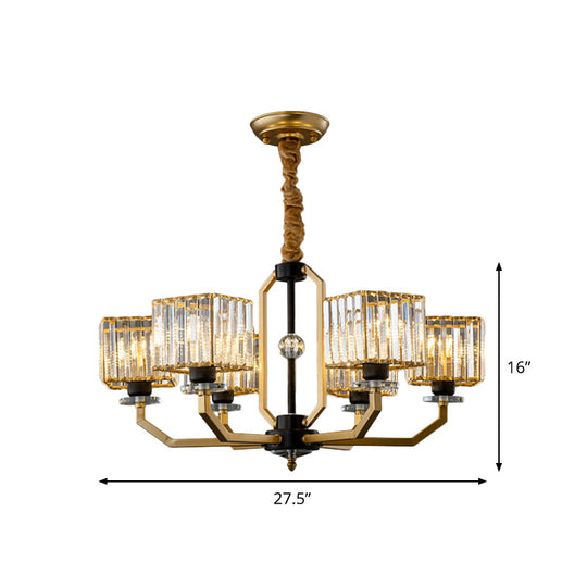 Contemporary Gold Chandelier Light - 3/6 Bulbs Dining Room Ceiling Lamp With Stylish Crystal Block