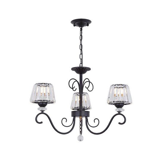 Vintage Crystal Prisms Chandelier With Conic Black Suspension Lighting - 3/6/8 Heads & Scroll Arm