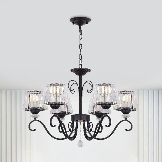 Vintage Crystal Prisms Chandelier With Conic Black Suspension Lighting - 3/6/8 Heads & Scroll Arm