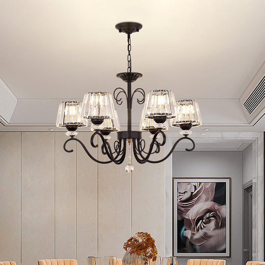 Vintage Crystal Prisms Chandelier With Conic Black Suspension Lighting - 3/6/8 Heads & Scroll Arm