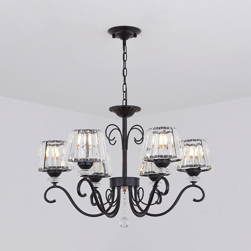 Vintage Crystal Prisms Chandelier With Conic Black Suspension Lighting - 3/6/8 Heads & Scroll Arm