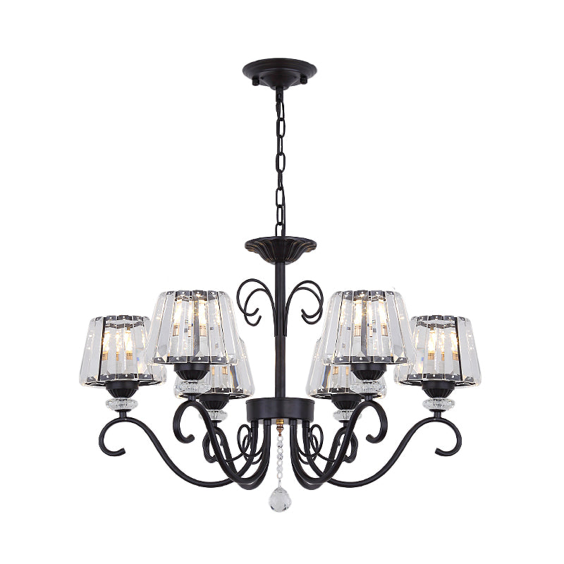 Vintage Crystal Prisms Chandelier With Conic Black Suspension Lighting - 3/6/8 Heads & Scroll Arm