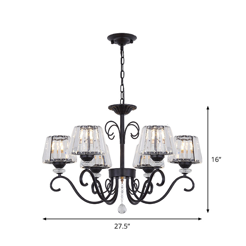 Vintage Crystal Prisms Chandelier With Conic Black Suspension Lighting - 3/6/8 Heads & Scroll Arm