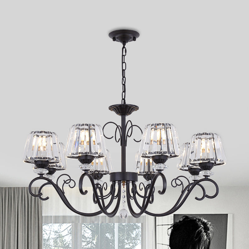 Vintage Crystal Prisms Chandelier With Conic Black Suspension Lighting - 3/6/8 Heads & Scroll Arm