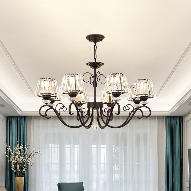 Vintage Crystal Prisms Chandelier With Conic Black Suspension Lighting - 3/6/8 Heads & Scroll Arm