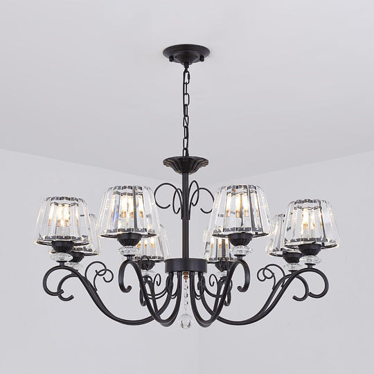 Vintage Crystal Prisms Chandelier With Conic Black Suspension Lighting - 3/6/8 Heads & Scroll Arm