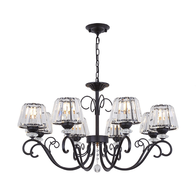 Vintage Crystal Prisms Chandelier With Conic Black Suspension Lighting - 3/6/8 Heads & Scroll Arm