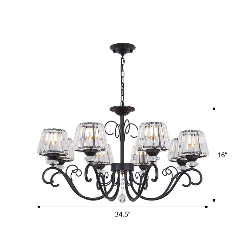 Vintage Crystal Prisms Chandelier With Conic Black Suspension Lighting - 3/6/8 Heads & Scroll Arm