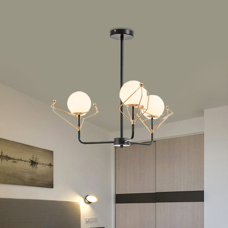 Modern 2/3/4-Headed Black Chandelier With White Glass Shades Warm/White Light - Global Hanging Lamp