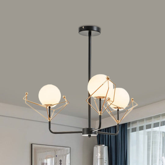 Modern 2/3/4-Headed Black Chandelier With White Glass Shades Warm/White Light - Global Hanging Lamp