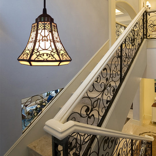 Tiffany Bell Down Mini Pendant - 1 Light Beige Stained Glass Ceiling Lamp For Stair Suspension