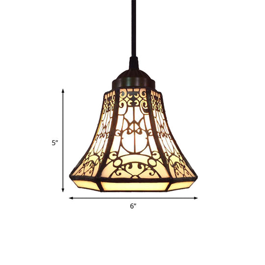 Tiffany Bell Down Mini Pendant - 1 Light Beige Stained Glass Ceiling Lamp For Stair Suspension