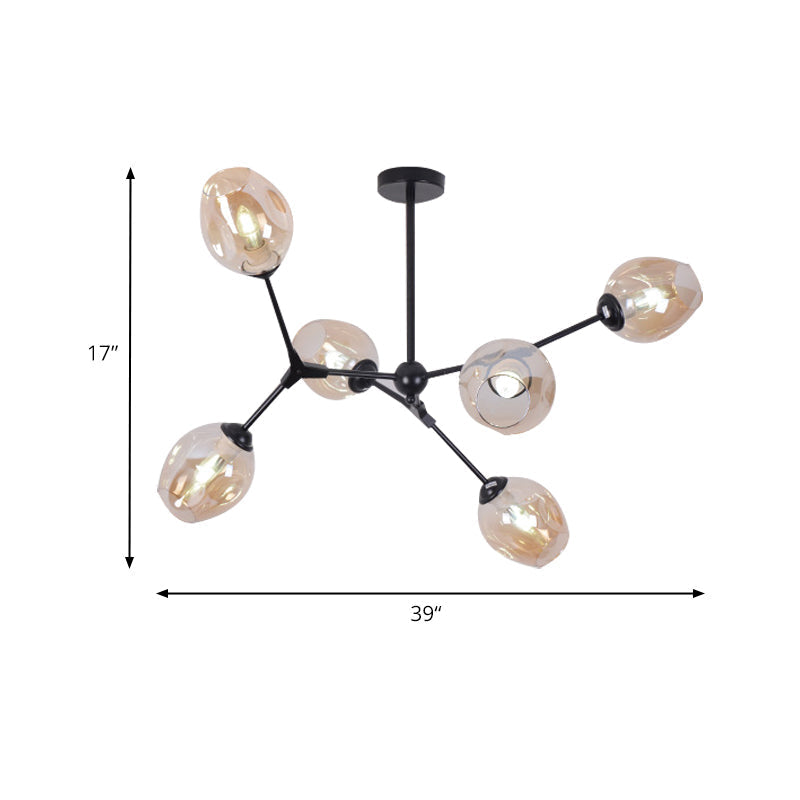 Modern Nordic Style Black Branch Chandelier With Adjustable Arm - 6/8/9 Lights Amber/Blue/Clear