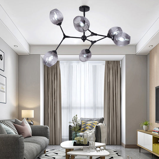 Modern Nordic Style Black Branch Chandelier With Adjustable Arm - 6/8/9 Lights Amber/Blue/Clear