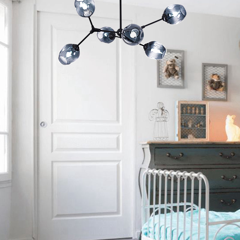 Modern Nordic Style Black Branch Chandelier With Adjustable Arm - 6/8/9 Lights Amber/Blue/Clear